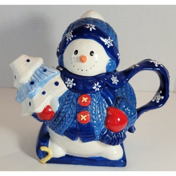 Ceramic Snowman Wearing Sweater Christmas Decorative Teapot Homespun Holiday. - Picture 1 of 12